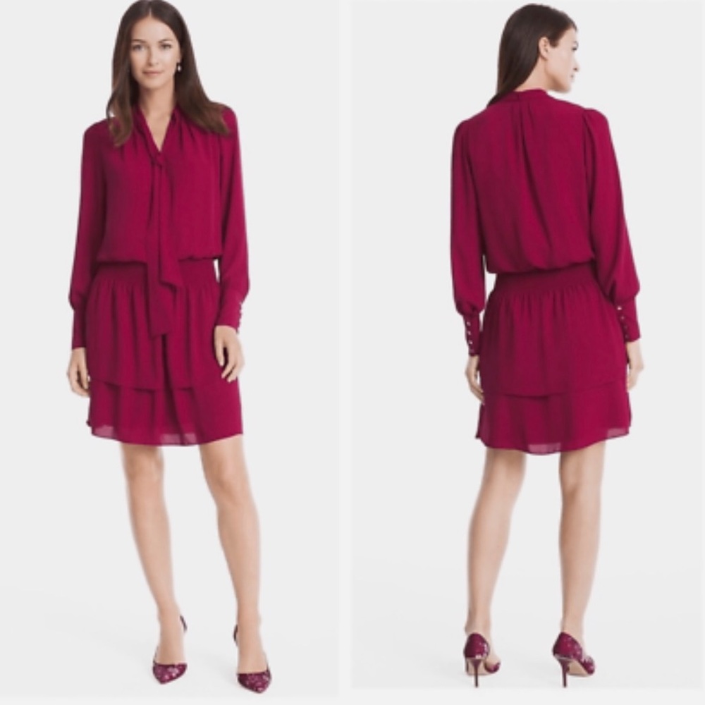 NWT, White House Black Market Tie Neck Blouson Dress in Red Plum, Sz XL - Picture 1 of 16